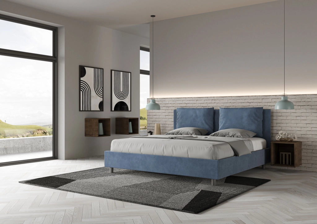 BS COM Letto matrimoniale king size contenitore imbottito 170x200 microfibra blu