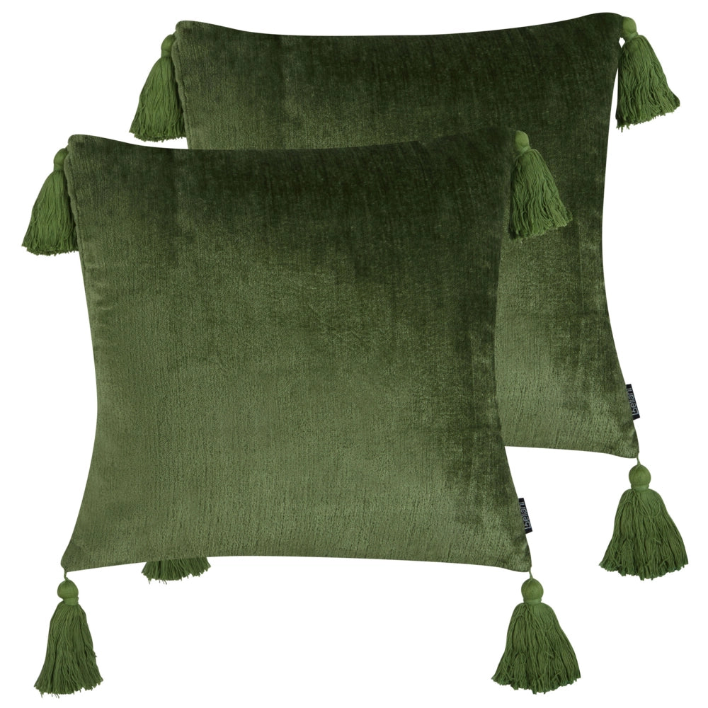Set di 2 cuscini velluto decorativo verde con nappe quadrato 45 x 45 cm camera da letto soggiorno