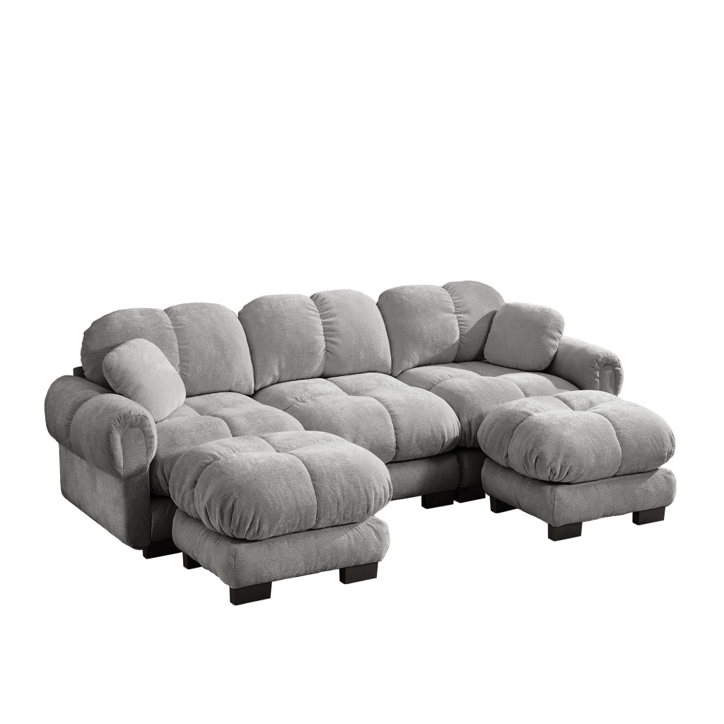 Divano panoramico a U 3 posti con pouf mobile e 2 cuscini, Chenille, Grigio chiaro
