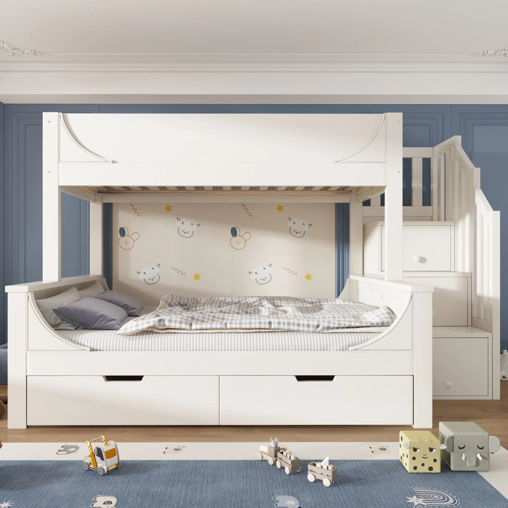 Letto a castello per bambini bianco con scala contenitore, cassetti e rete a doghe, 90x200/140x200 cm