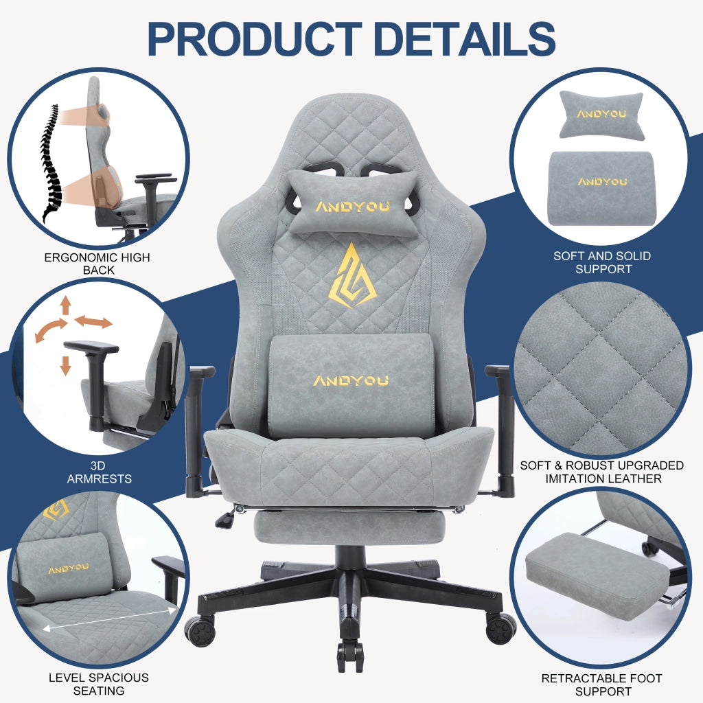 Poltrona da Gaming Ergonomic Vintage in Similpelle Grigia ¨C Zephmum ¨C 120x80x100