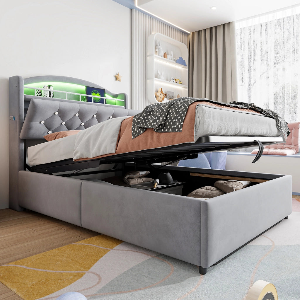 LETTO imbottito 90x200 cm in velluto grigio con contenitore, LED, USB e Type-C