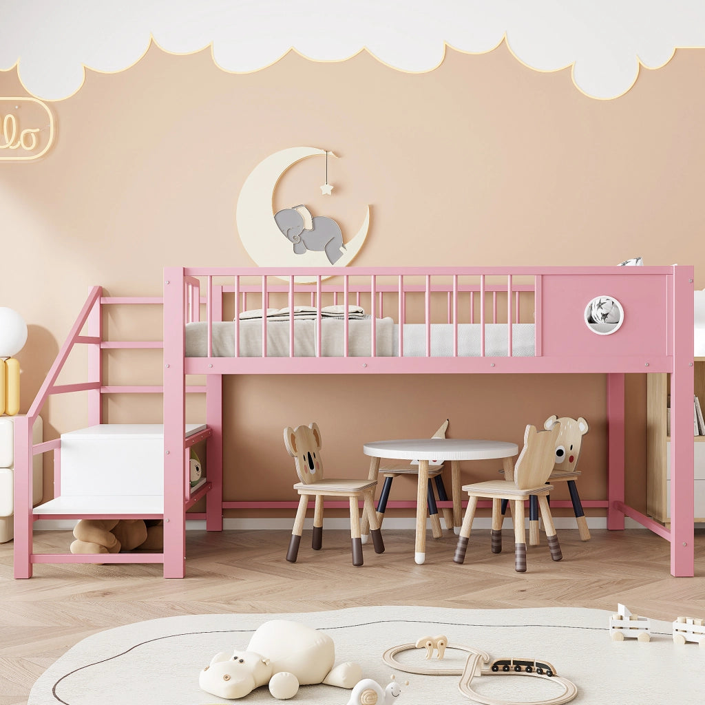 DESMIU Letto a soppalco bambino 90 × 200 cm con scala contenitore, senza materasso, in metallo, rosa