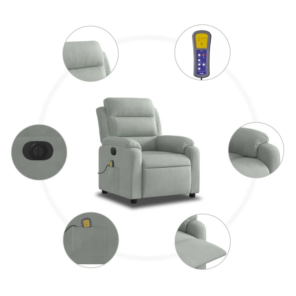 Poltrona Elettrica Massaggi Reclinabile-Divano Sedia Grigio Chiaro Velluto 846898
