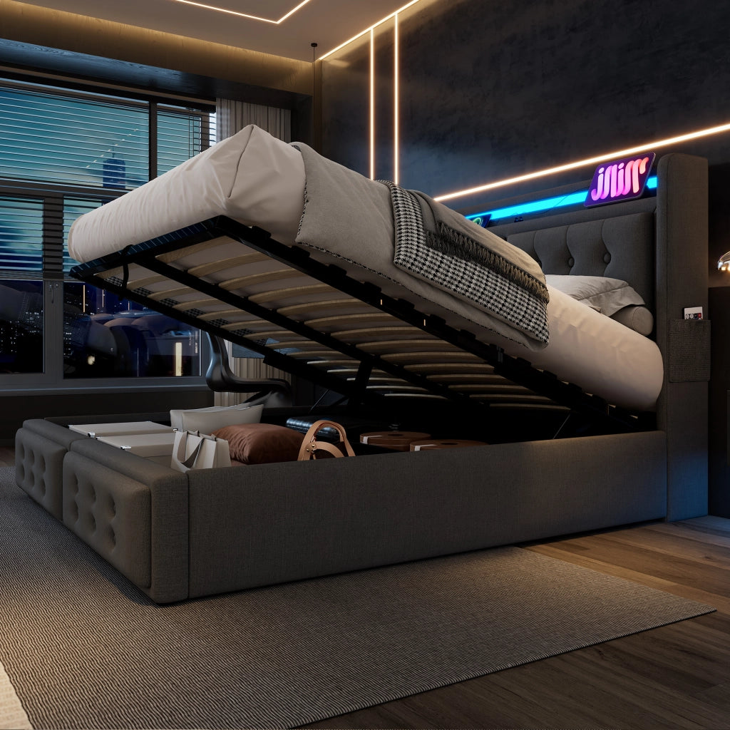LETTO Contenitore 180x200 cm con LED e USB-C Tessuto Grigio