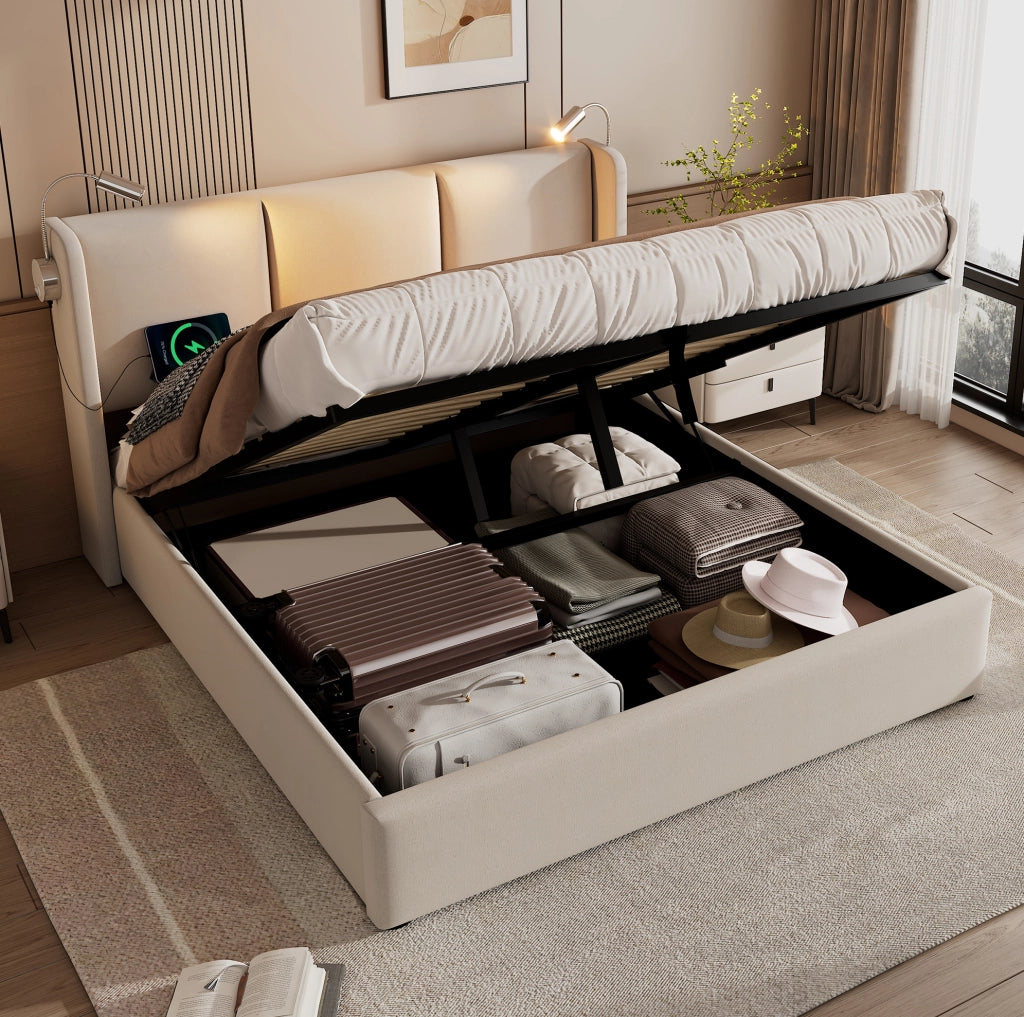 Letto 180x200 cm con contenitore; luce da lettura e ricarica USB in lino beige