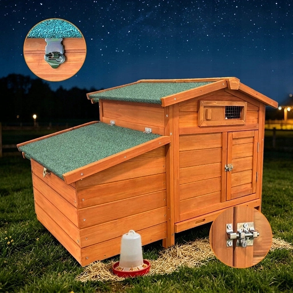 Pollaio da Giardino in Legno Naturale 104×60×71;5 cm; Ricovero Rialzato per Galline con Nido e Pulizia Facile