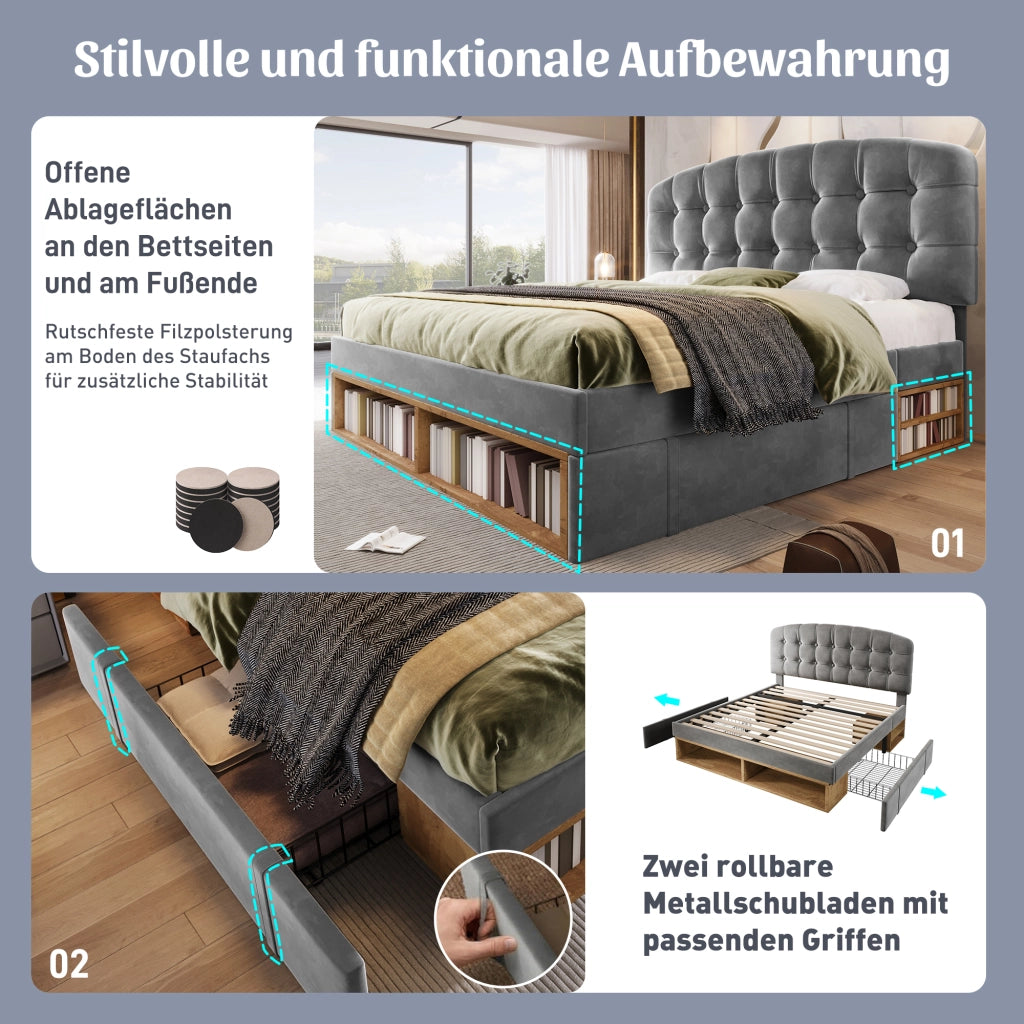 DESMIU Letto imbottito 140 × 190 cm 2 posti con testiera regolabile, vani e cassetti, senza materasso, in velluto grigio