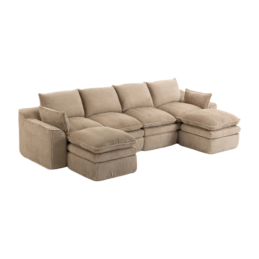 Divano Modulare 4 Posti con 2 Pouf ¨C MINIMAL ¨C Tessuto a Coste, Cuscini, Khaki