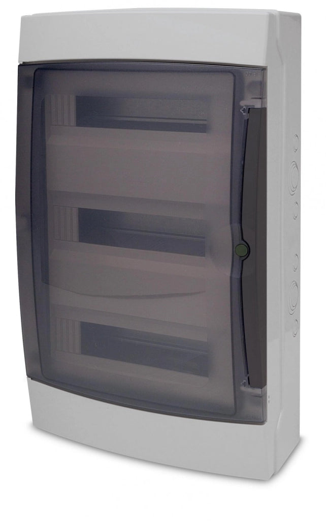 Centralino da parete 36 moduli con portello fumé, grigio RAL 7035, 400x400x140 mm, IP65, ideale per installazioni elettriche interne ed esterne