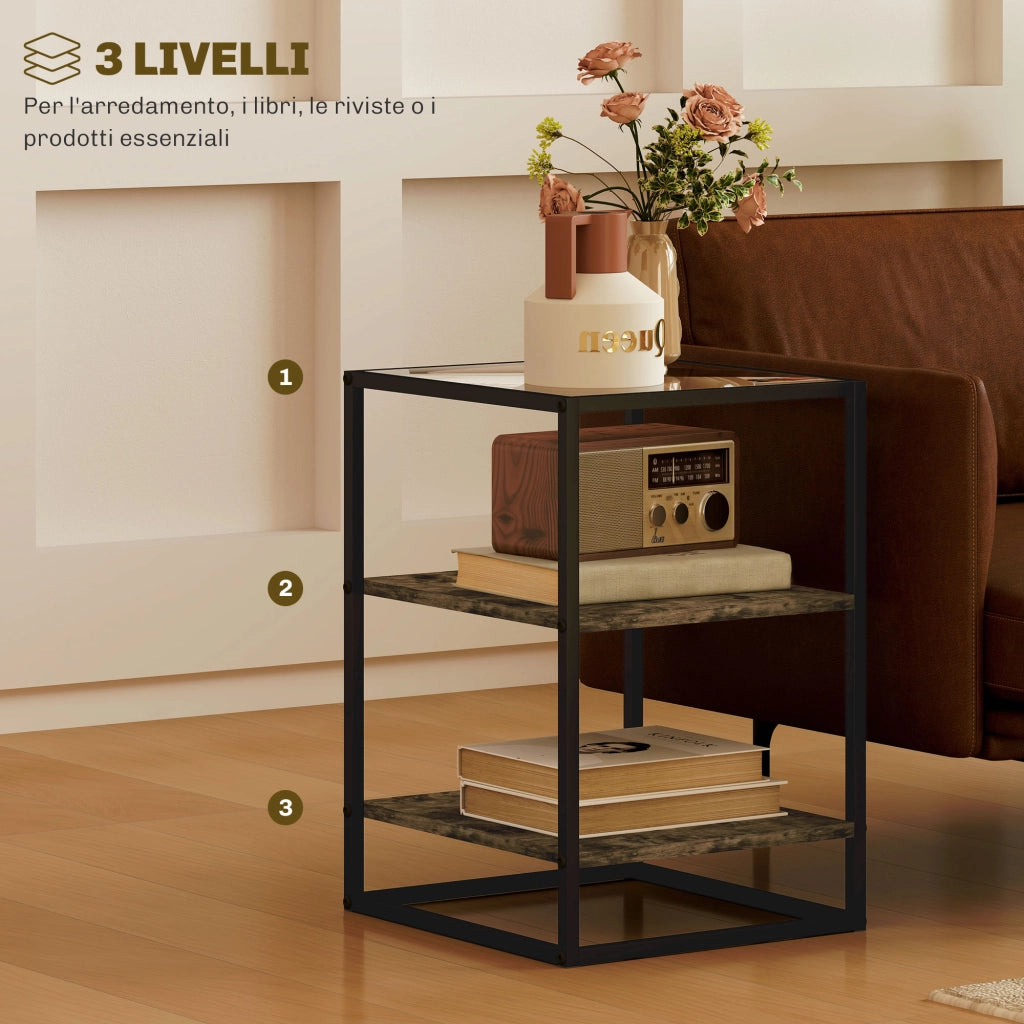 Set 2 Tavolini da Soggiorno a 3 Livelli in Legno e Metallo con Piano in Vetro Temperato, 37x40x55.5 cm, Marrone