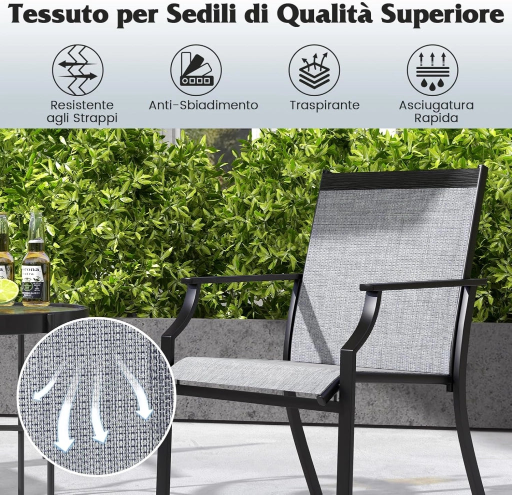 2 Sedie da Pranzo per Patio, Poltrone da Esterno con Seduta Traspirante e Telaio in Metallo, Schienale Ergonomico e Braccioli, Poltrone con Schienale Alto per Portico, Cortile, Prato(Grigio)