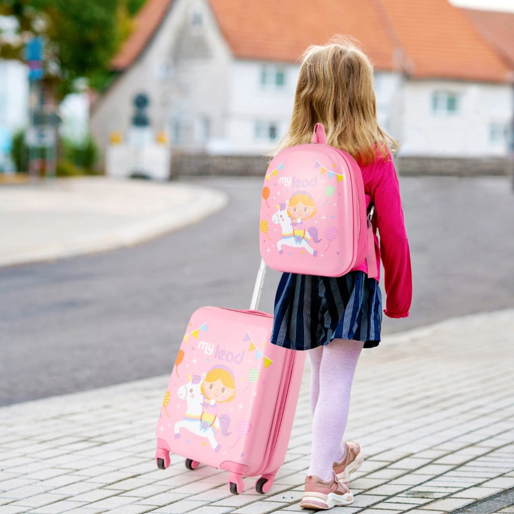 Set di 2 valigie per bambini con ruote con zaino con spallacci regolabili, Bagaglio da viaggio con motivi carini Rosa-Bagagli e borse