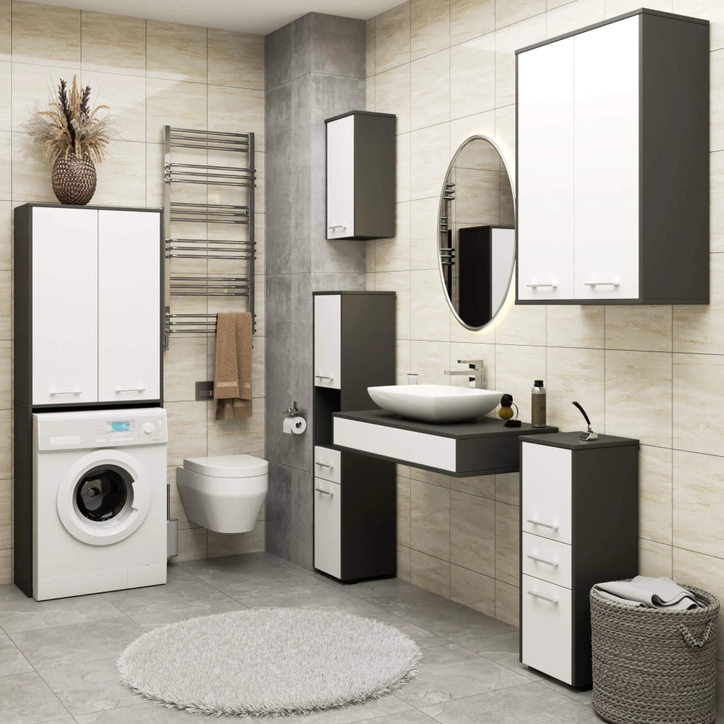 Colonna da bagno AKORD FIN per incasso di una lavatrice Grigia Grafite 64 cm 2 ante inserto frontale Bianco 64x30x180 cm