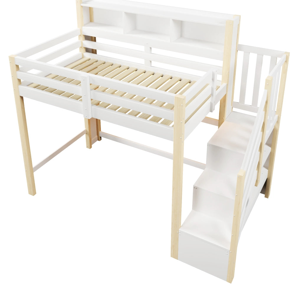 Letto a castello 90×200 cm; letto singolo con led; scala contenitore; senza materasso; in pino; bianco naturale