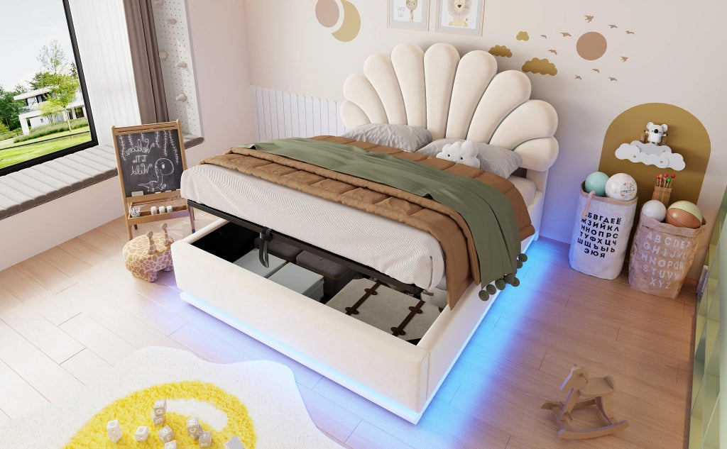 DESMIU Letto contenitore 140 × 200 cm 2 posti con vano idraulico e LED, senza materasso, in velluto, beige