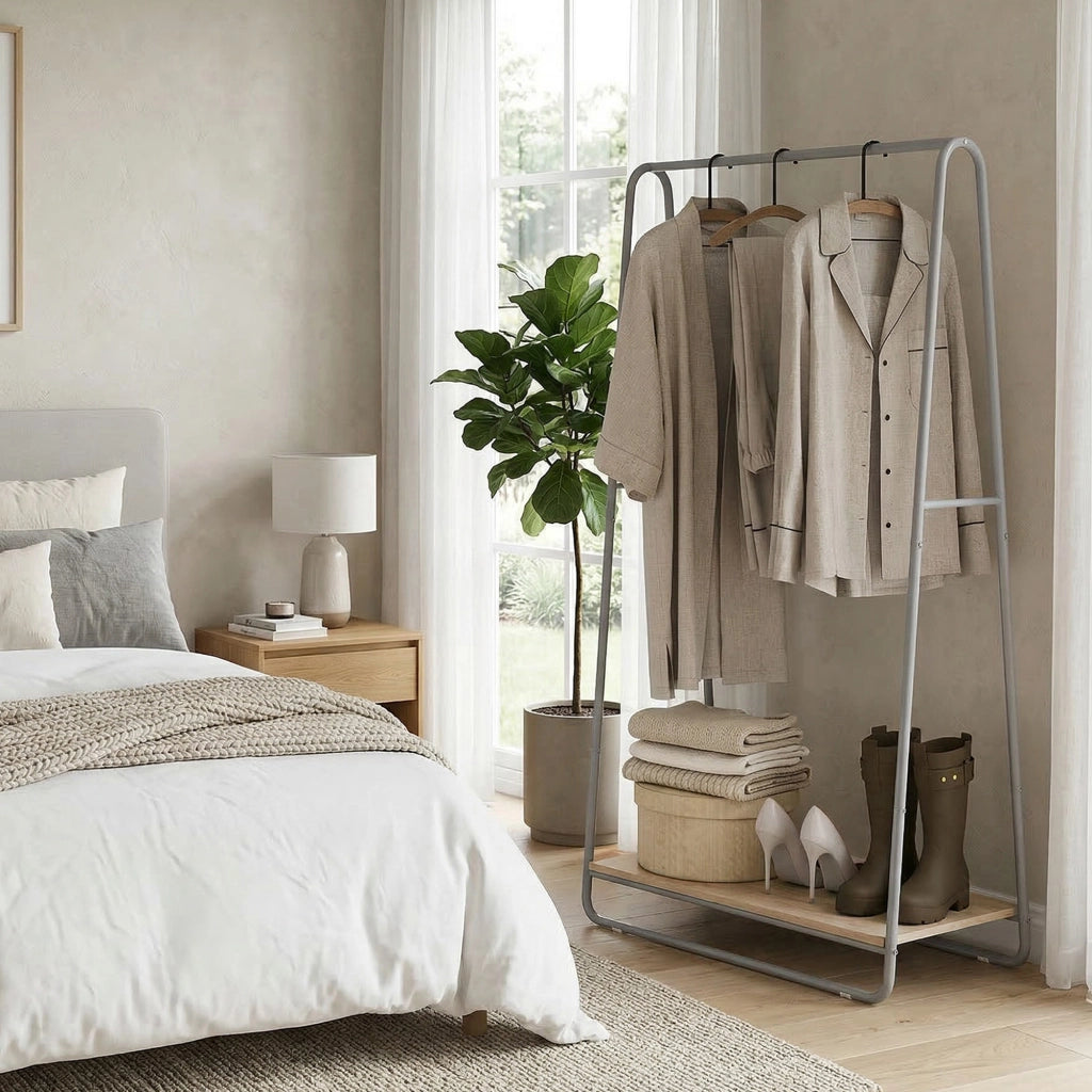 Appendiabiti con scarpiera ¨C Xylo ¨C 3 in 1 metallo grigio e legno naturale