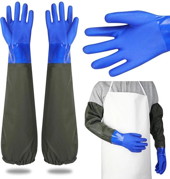Manopole - Lunghezza 70 cm, impermeabili, palmo a superficie liscia, chiusura con cordoncino, antiscivolo e resistente - Idonee per lavoratori in aquacoltura, petrolio, trattamento idrico, agricoltura, manutenzione macchinari e pulizia