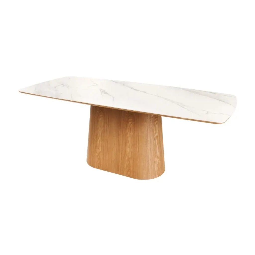 Tavolo da sala da pranzo LUMEA – Rettangolare 200 cm – Piano in ceramica effetto marmo bianco e piede aspetto legno chiaro