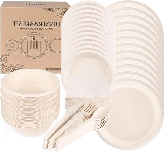 170 pezzi di servizio per il compostaggio - set di servizio biodegradabile in cartone comprensivo di piatti, posate, tovaglioli e cucchiai