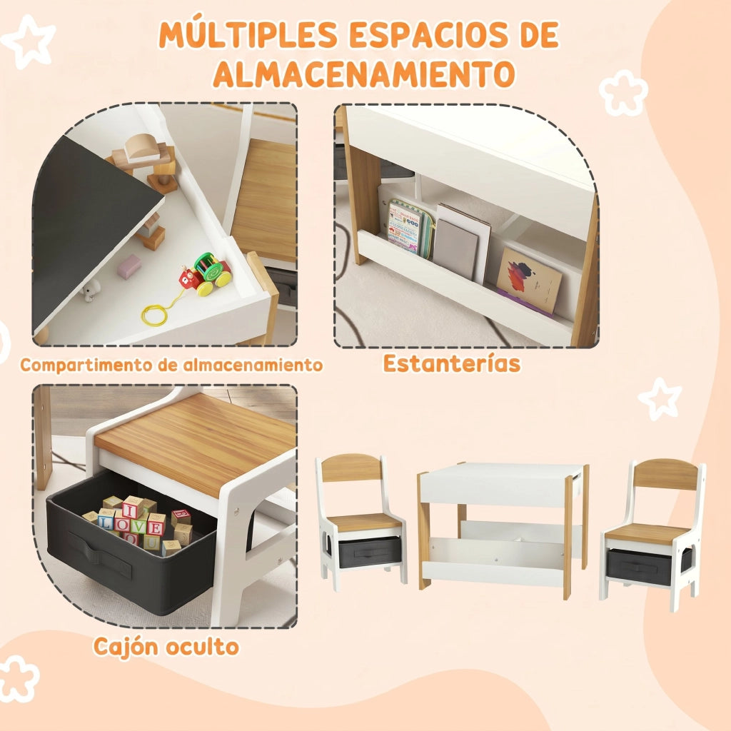 Tavolo per Bambini con Sgabelli e Pannello ¨C Minimal ¨C Bianco e Naturale 90x50x55