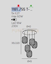 SOSPENSIONE BIANCO 5 LUCI TONDA VETRI TR + AM + FU + VE + BL 1181BI-S5 T-MC