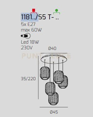 SOSPENSIONE BIANCO 5 LUCI TONDA VETRI TR + AM + FU + VE + BL 1181BI-S5 T-MC