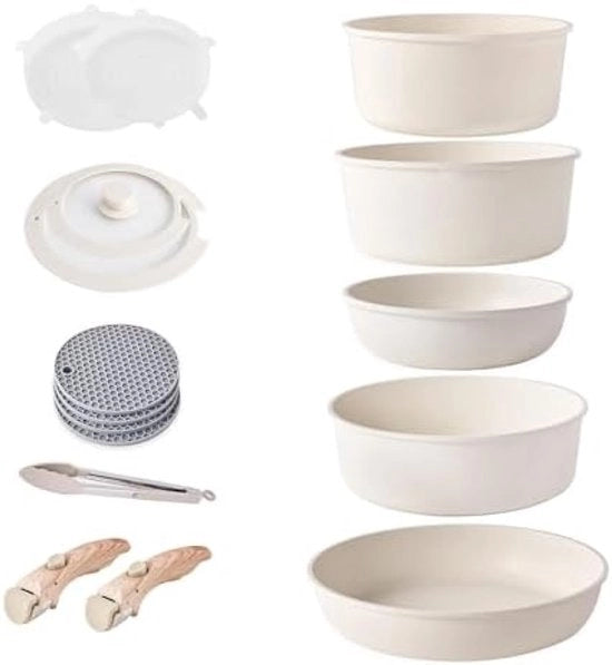 Pannenset con manici rimovibili, superficie antitrasferimento, granito, stoccabile, set di accessori da cucina con coperchi in silicone, set di pentole spaziale senza PFOA, padella, colore beige
