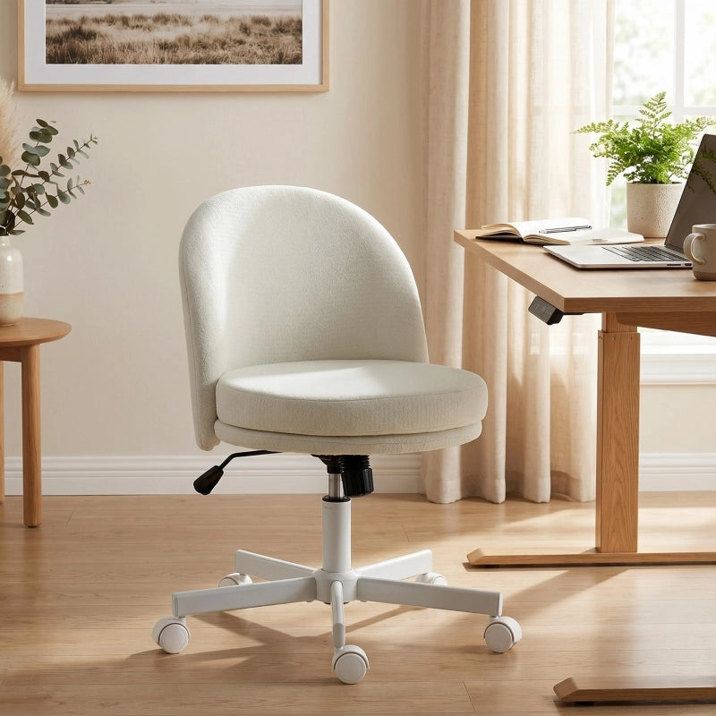Sedia da ufficio per la casa, sedia da scrivania regolabile in altezza con effetto ciniglia, sedia da toeletta con funzione dondolo, color crema