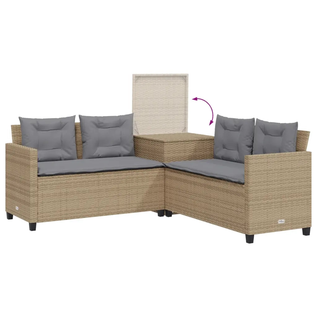 Divano da Giardino con Tavolo e Cuscini a L Beige in Polyrattan 369030