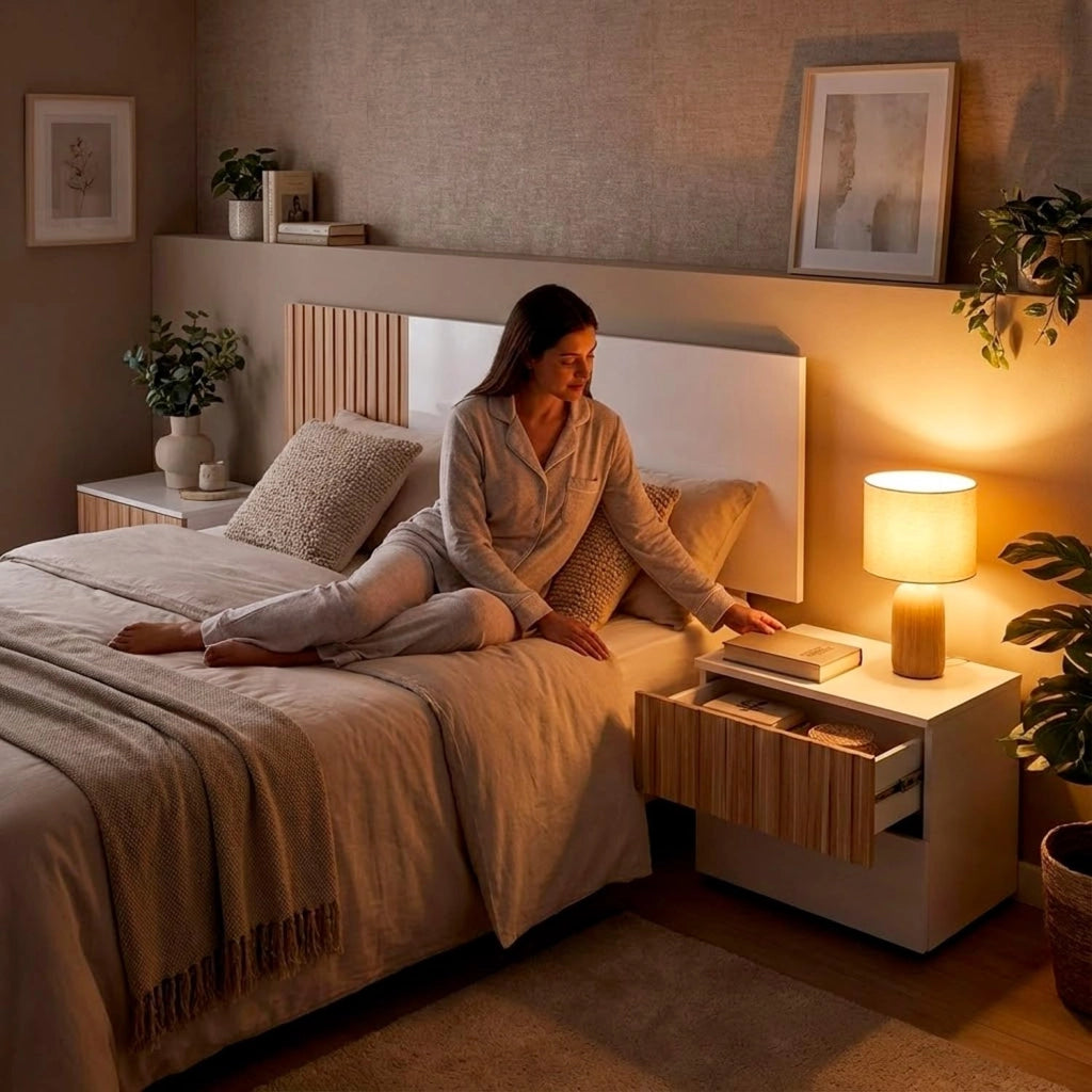 Testiera Matrimoniale Con Due Comodini Dotati Di Due Cassetti Design Scandinavo Con Fissaggio A Parete  160 Cm Bianco E Legno Naturale