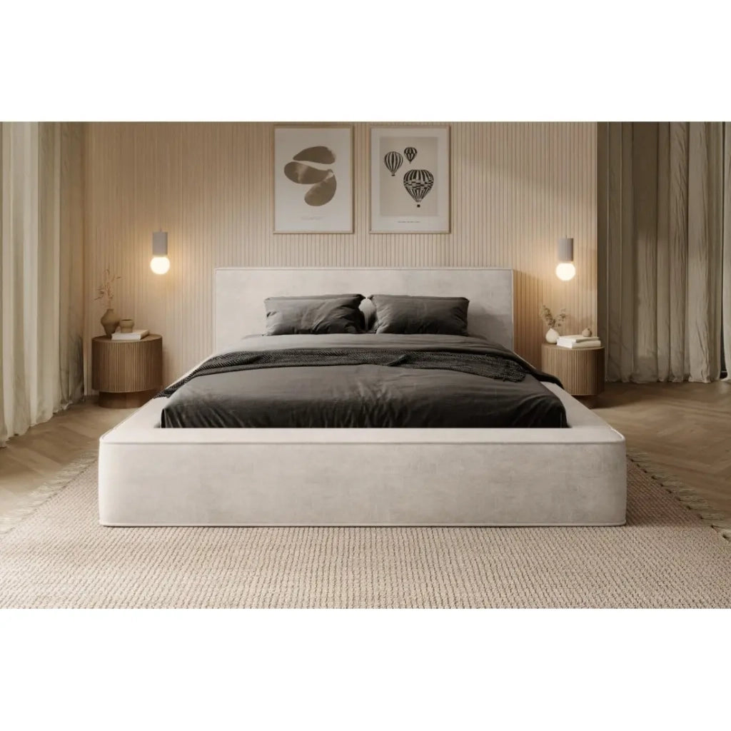 Letto contenitore VELORA – Perla – 140x200 cm – Tessuto velluto morbido – Rete sollevabile – Spazio di stoccaggio integrato