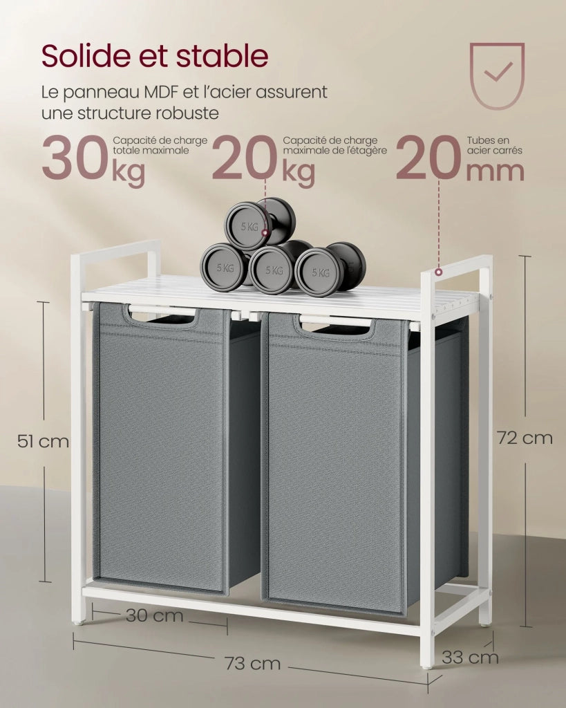 Cesto portabiancheria 2 x 46 litri cesto portabiancheria sporca contenitore per biancheria con ripiano in metallo 2 sacchi in tessuto Oxford rimovibili con chiusura in velcro grigio 12_0006654