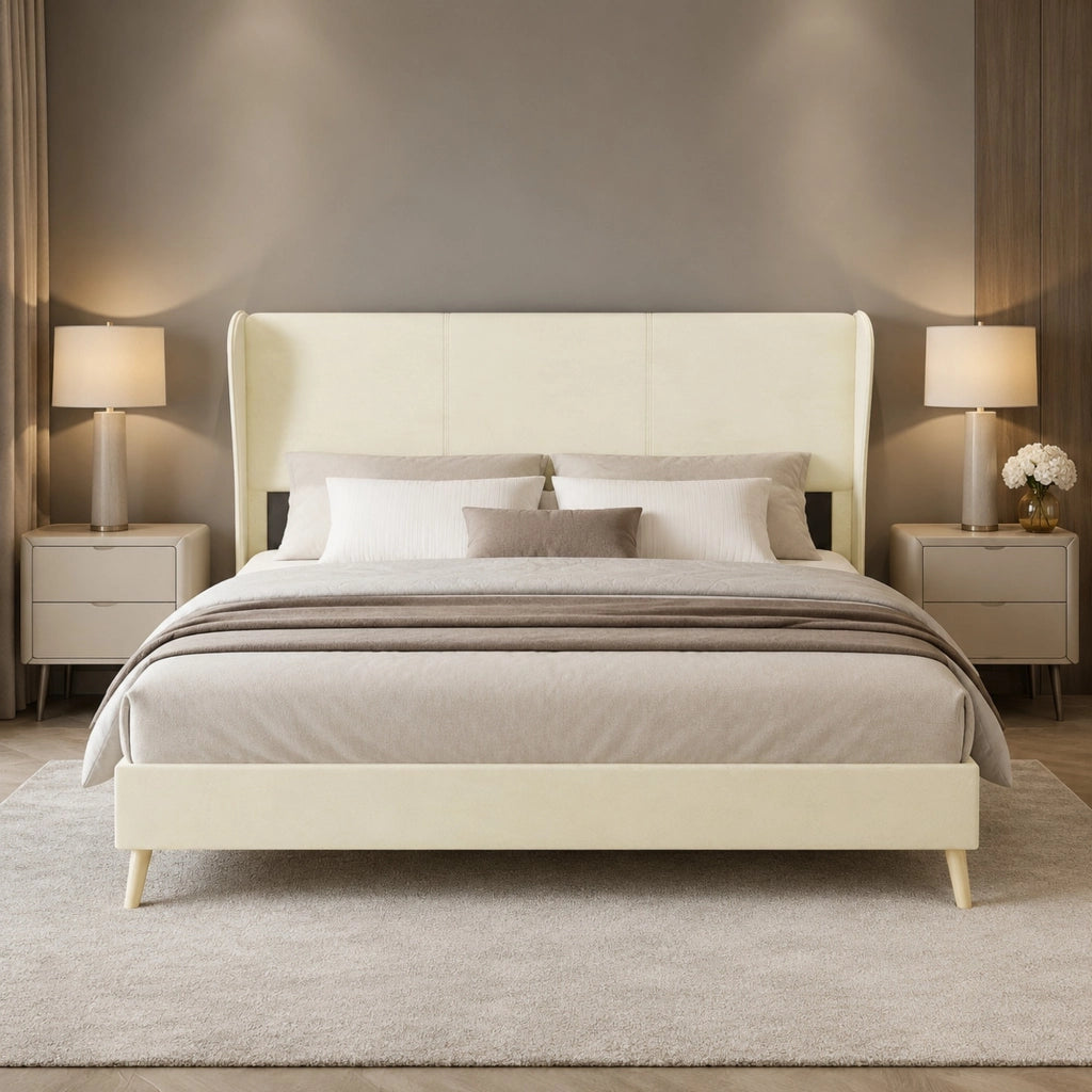 DESMIU Letto matrimoniale 160 × 200 cm 2 posti con testiera, senza materasso, in tessuto e metallo, beige
