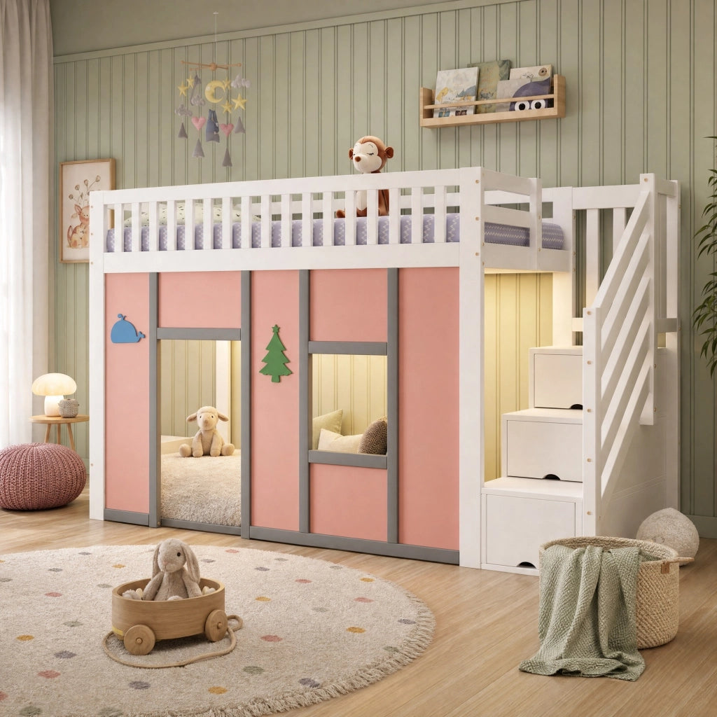 Letto a soppalco per bambini 90x200 cm bianco e rosa con scala contenitore e LED