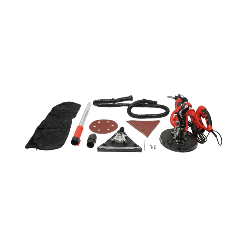 Levigatrice pieghevole a giraffa per pareti e soffitti con funzione di aspirazione, 710W, 220V, velocità 800-1800 giri/min, 2 testine rotonde/triangolari, illuminazione a LED, 12 dischi inclusi.
