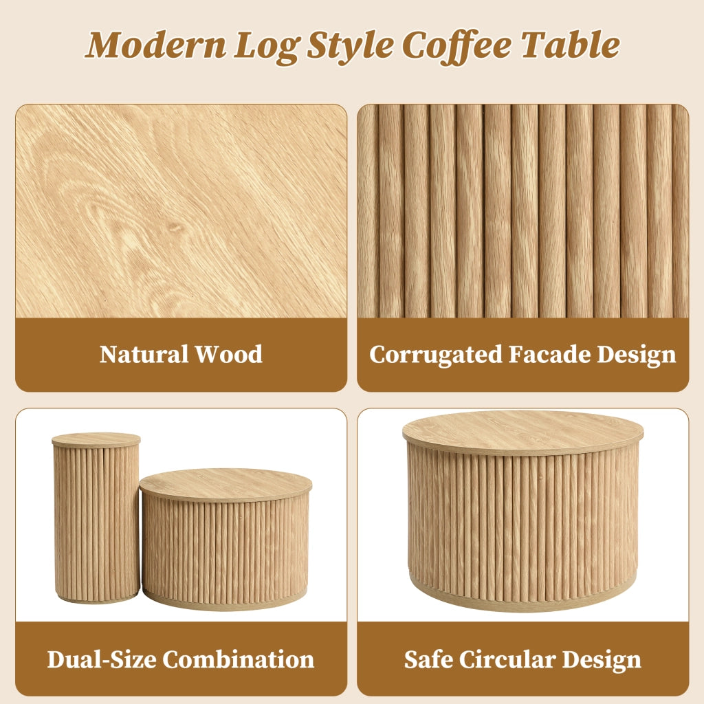 Tavolino da Caffè Rotondo 2 Pezzi con Struttura di Archiviazione, Stile Moderno, per Salotto, MDF, Naturale