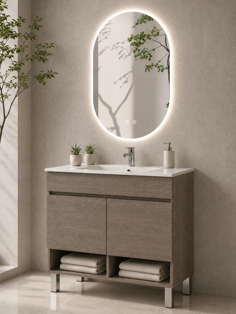 Mobile bagno con piedini con lavabo extrapiano ORIGENBATH NEBARI senza specchio 80x40 cm rovere smoky
