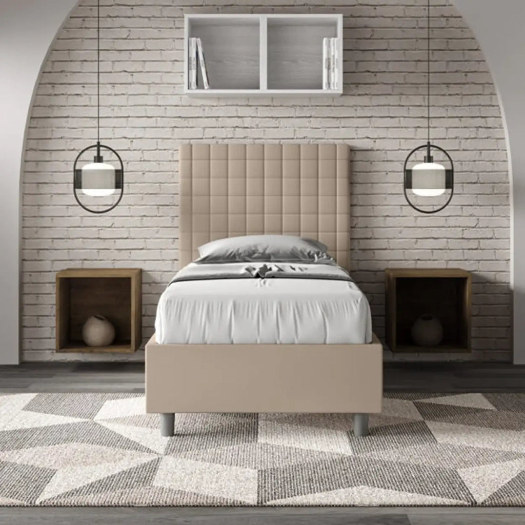 Letto singolo con rete imbottito 90x200 similpelle tortora Sunny