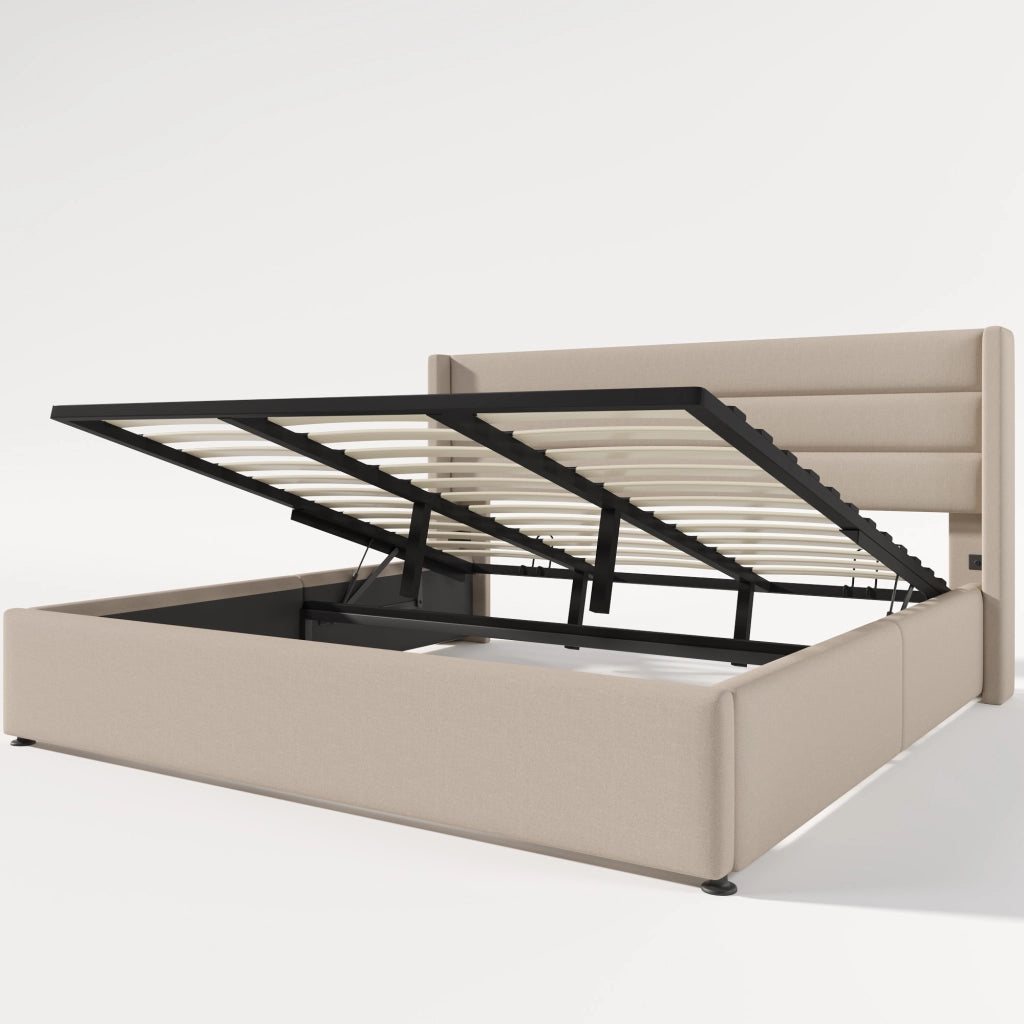 DESMIU Letto Contenitore Letto Matrimoniale con vano idraulico, 180 × 200 cm, senza materasso, lino, beige