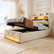 Letto imbottito 90x200 con materasso, LED, USB e vano contenitore