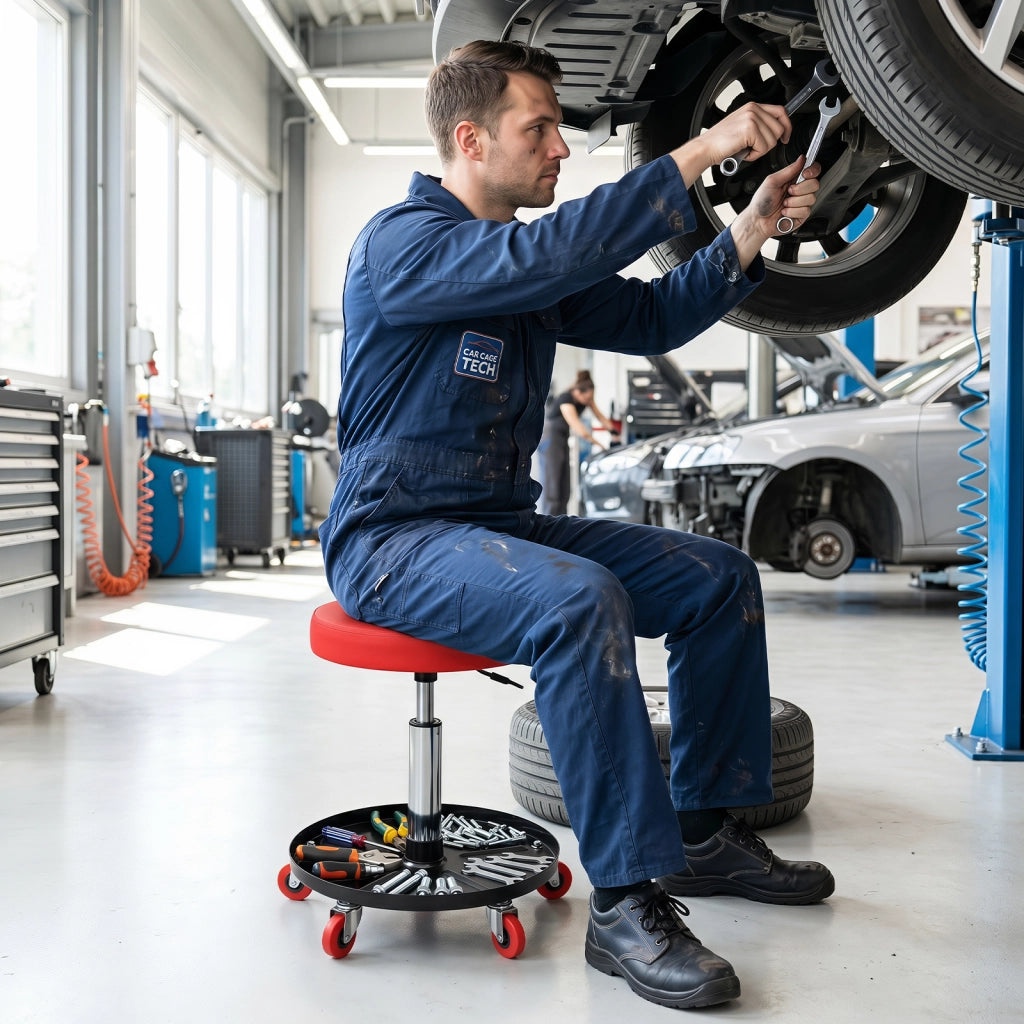 Sgabello da officina con ruote con vassoio porta attrezzi altezza regolabile e girevole a 360¡ã, Sedia da meccanico per garage e officina