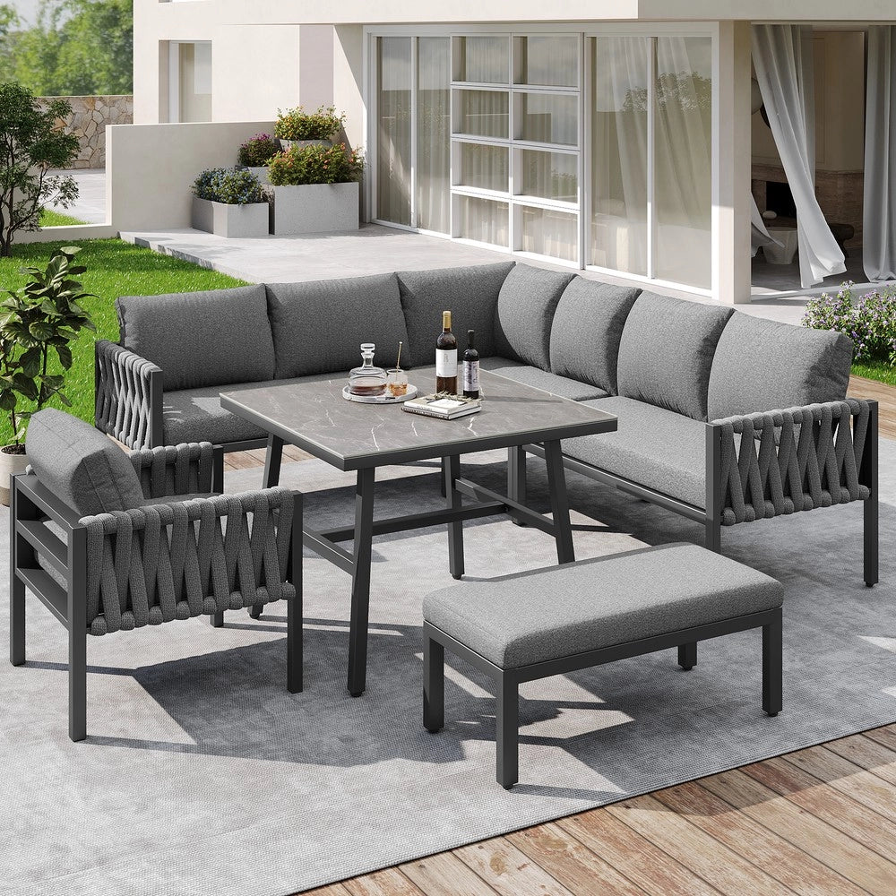 Set da giardino in ferro zincato - Zephmum - Gambe regolabili, divano angolare, piano in vetro temperato, cuscini inclusi, grigio