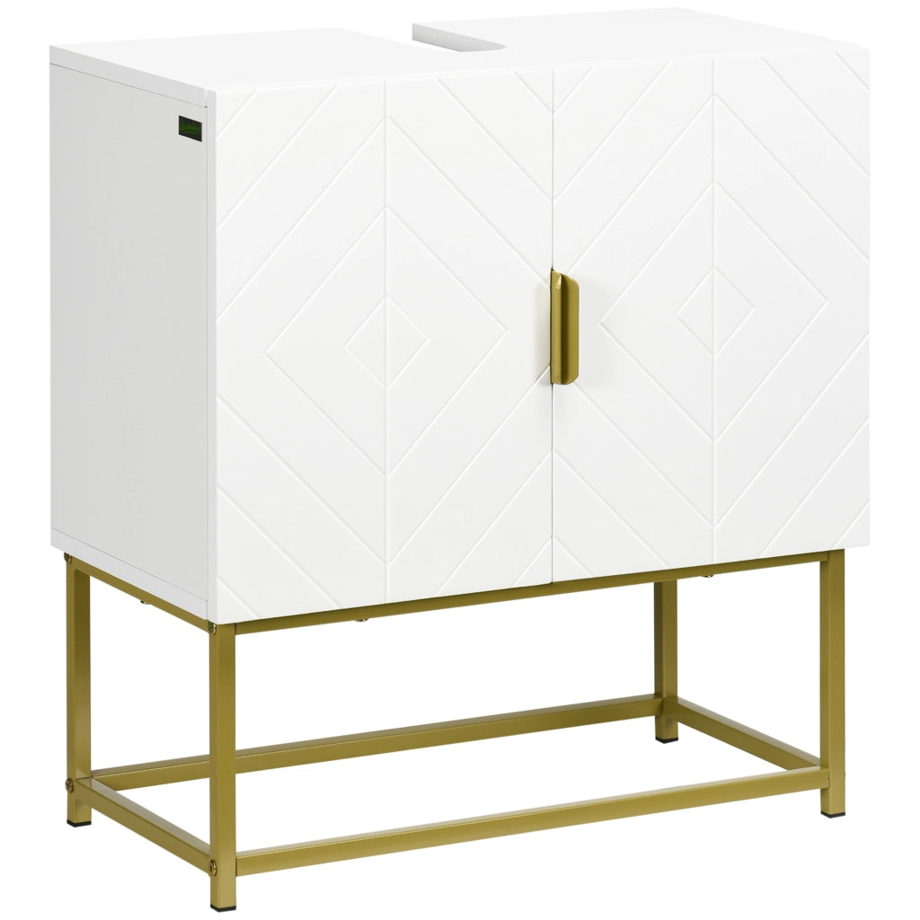 Mobile Sottolavabo Bagno con Armadietto 2 Ante ¨C Zephmum ¨C Legno e Acciaio, Bianco e Oro, 60x30x65cm