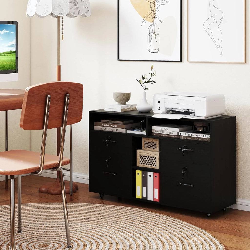 Armadietto Portadocumenti, Mobile da Ufficio Laterale con 4 Cassetti Adatto per File Formato A4/Lettera e 5 Ruote Universali Bloccabili, Credenza in Metallo per Scrivania (Nero)