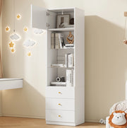 Vetrina alta bianca 50x40x180 cm in MDF e vetro con ripiani regolabili e 3 cassetti