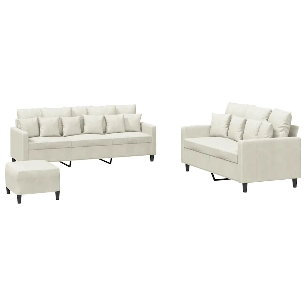 Set di Divani 3 pz con Cuscini Crema in Velluto