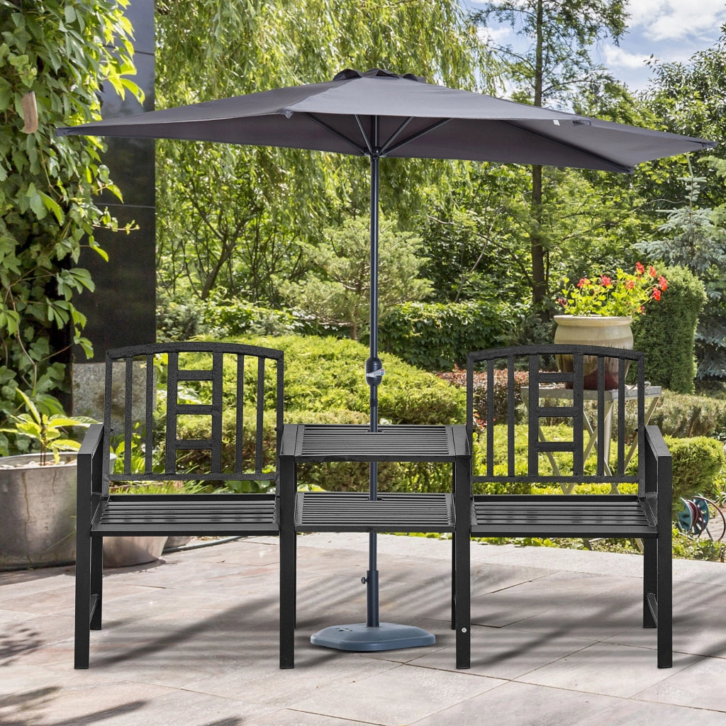 Panchina da Giardino Moderna 2 Posti con Tavolino e Foro per Ombrellone Arredamento da Esterno 165x56x85.5cm Nero