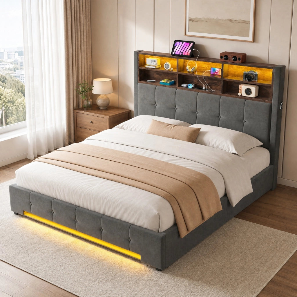 Letto matrimoniale 160x200 cm in velluto grigio scuro con testiera multifunzione, LED, USB-C e contenitore idraulico