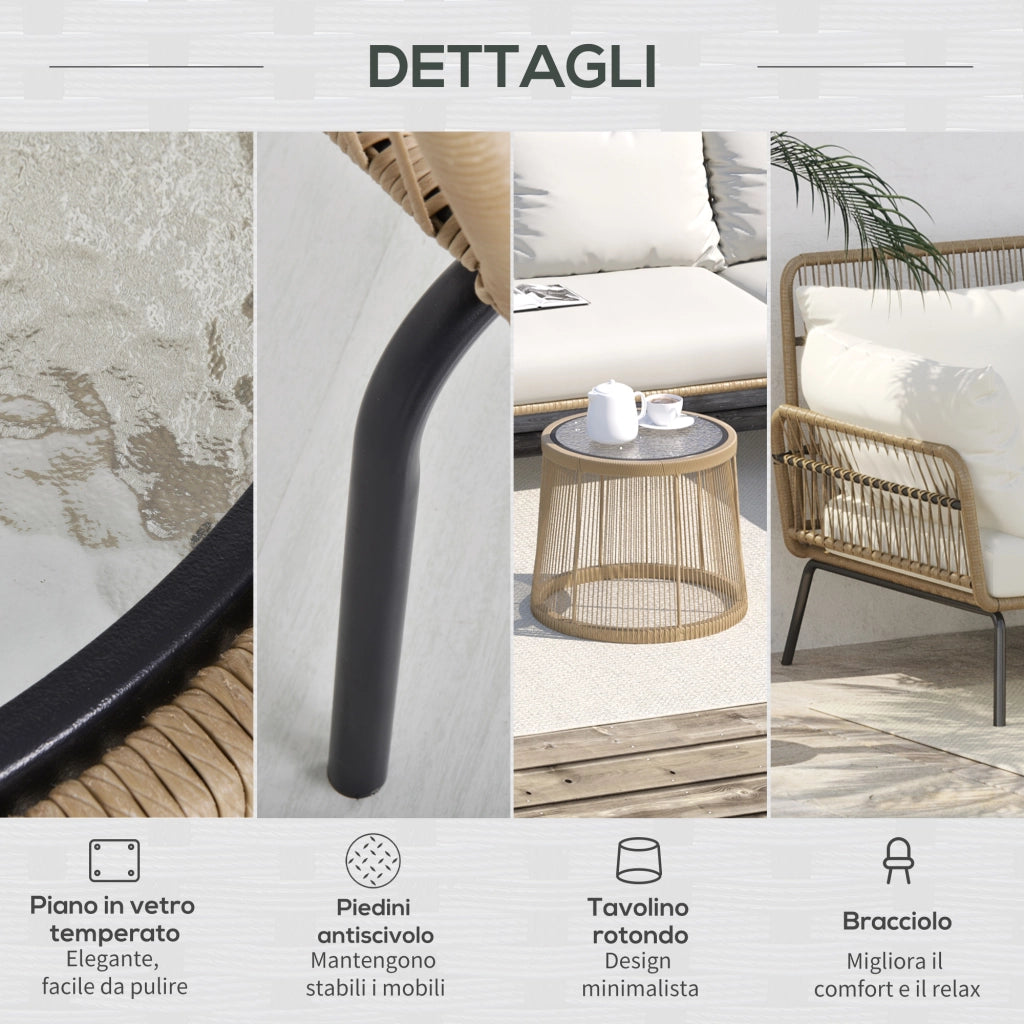 Set da Giardino in Rattan Stile Boho Chic con Divano Angolare e e Tavolino, Crema e Caff¨¨